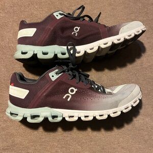 On Running Burgundy and Gray Athletic Shoes
